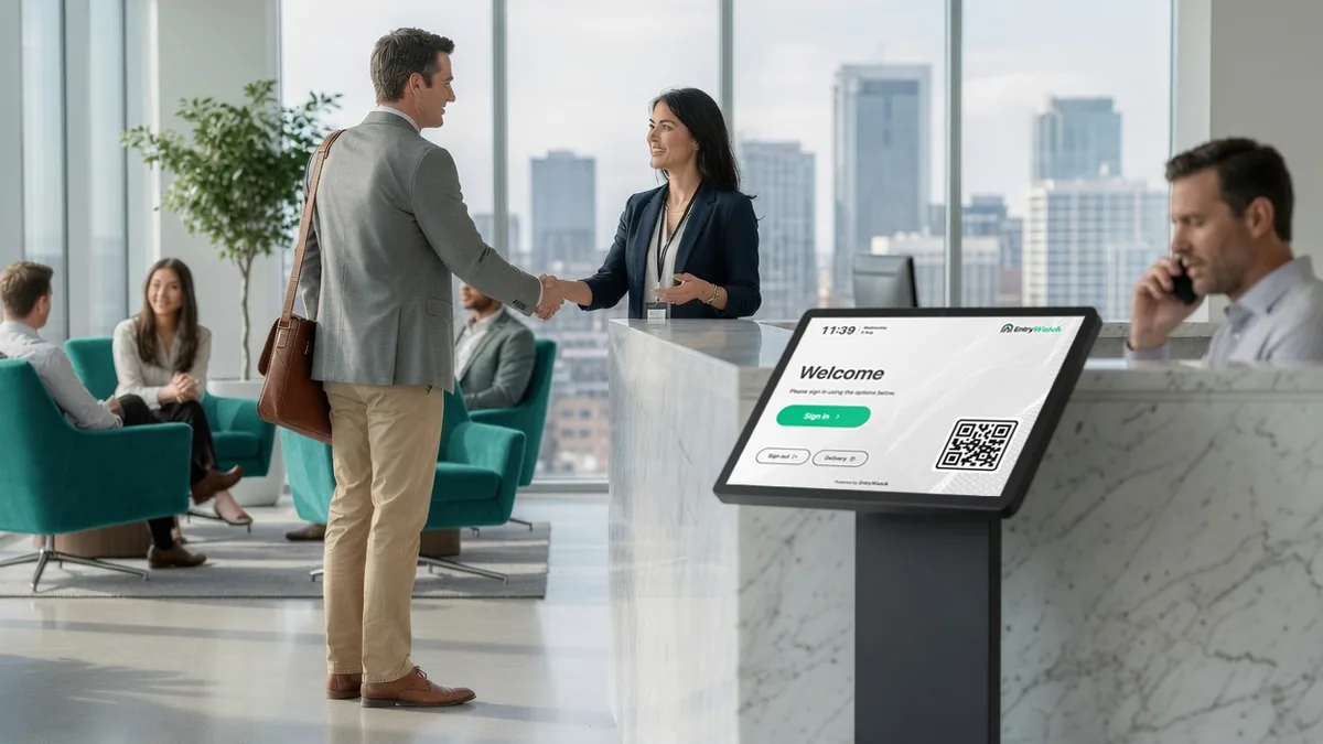 Office reception with a visitor sign-in kiosk