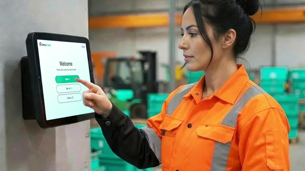 Warehouse staff member using a wall-mounted sign-in tablet