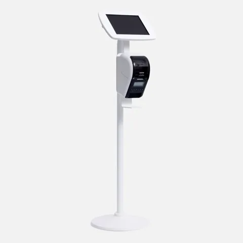 Bouncepad Original Floorstanding in white with a Brother label printer mounted on the post below the tablet