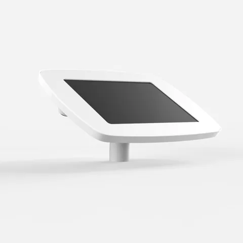 Bouncepad Original Desk in white, a tablet enclosure on a short post, angled three-quarter view
