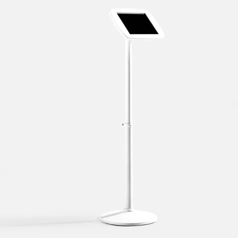 Bouncepad Original Elevate in white, a tablet enclosure on a height-adjustable floor column