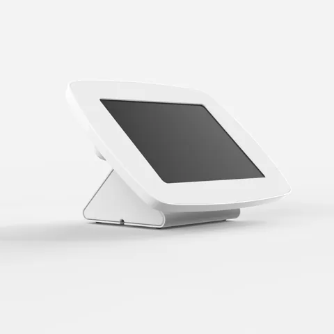 Bouncepad Original Flip in white, a tablet enclosure on a folding freestanding base