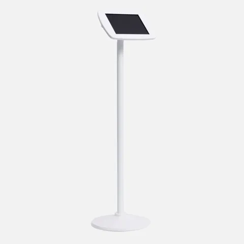 Bouncepad Original Floorstanding in white, a tablet enclosure on a tall post and weighted base