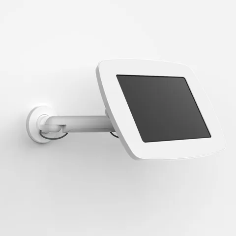 Bouncepad Original Reach in white, a tablet enclosure on an arm extending from a wall