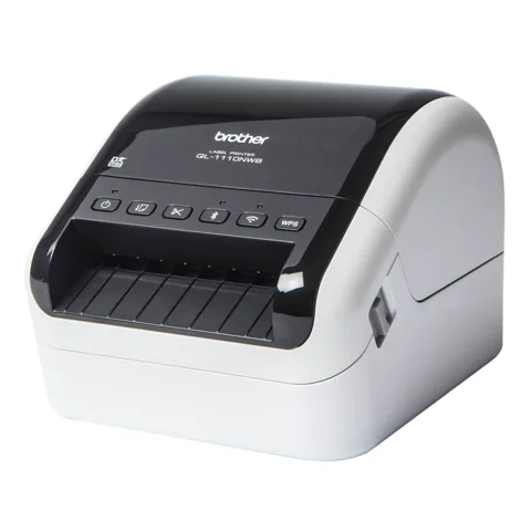 Brother QL-1110NWB wide-format label printer, a white and black desktop unit, three-quarter view