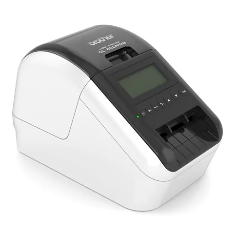 Brother QL-820NWB label printer, a compact white and black desktop unit, three-quarter view