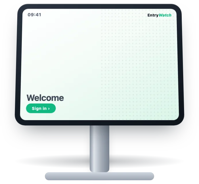 A tablet angled on a short desk stand, showing the EntryWatch welcome screen
