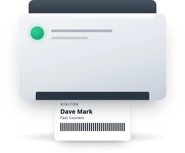 A desktop label printer with a printed visitor badge emerging