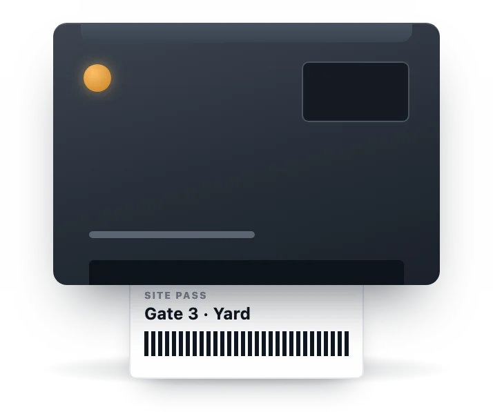 A dark industrial label printer with a site pass emerging